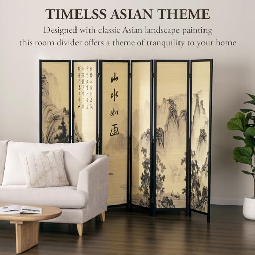4-Panel Folding Bamboo Room Divider with Beige Wood Frame J9157