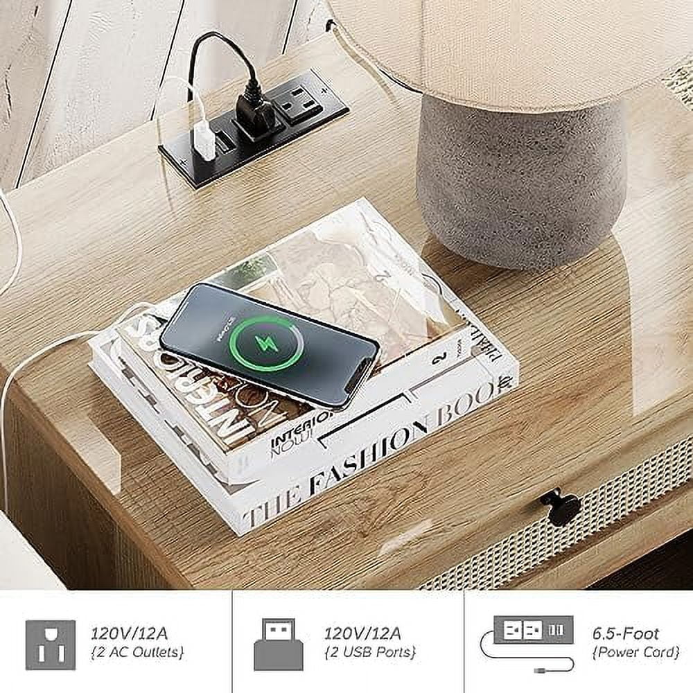 Natural Wood Rattan Nightstand with 2 Drawers E595