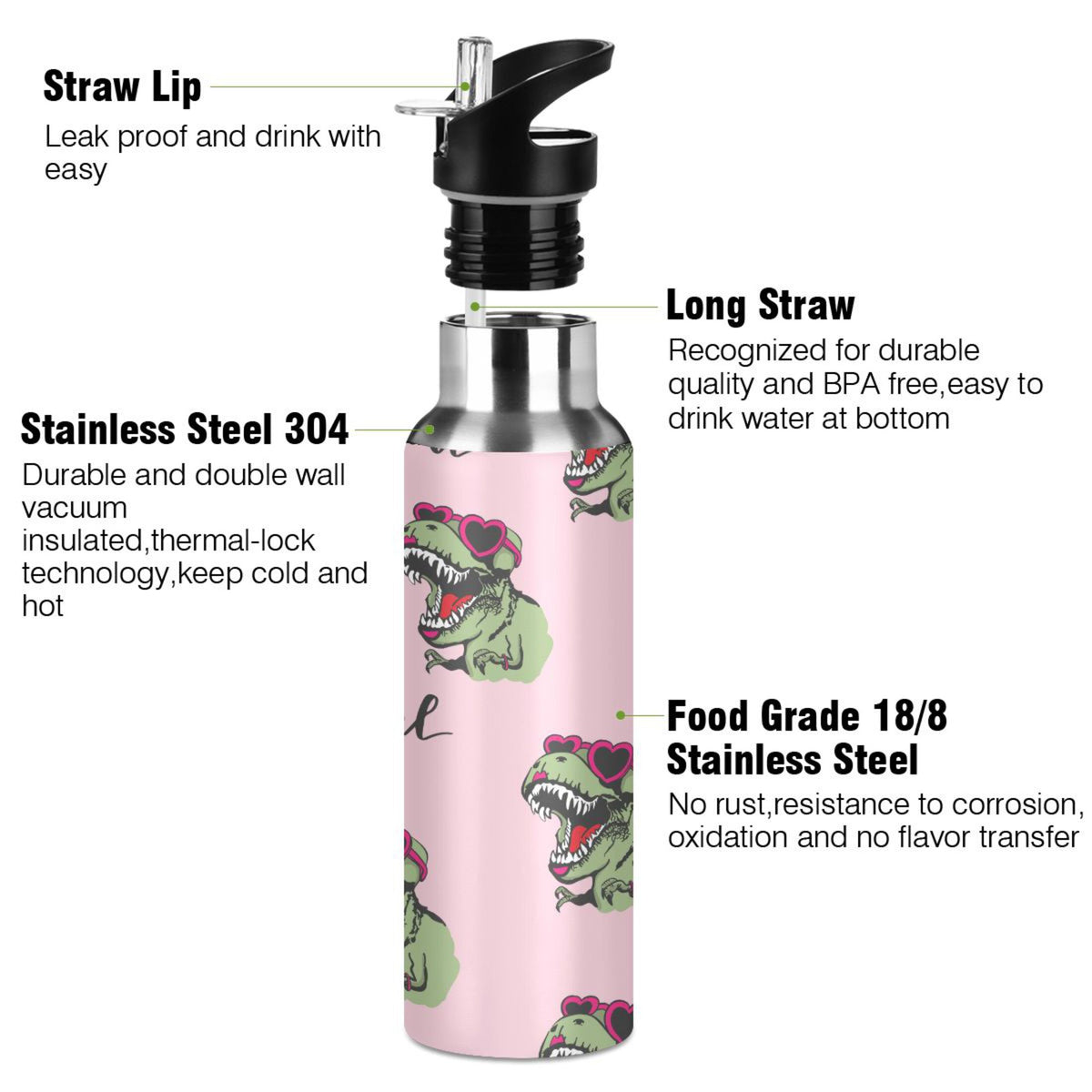 Pink Stainless Steel Insulated Water Bottle with Straw Lid E7862