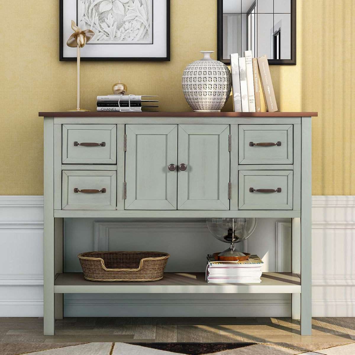 Light Green MDF Sideboard Console Table with 6 Drawers S690