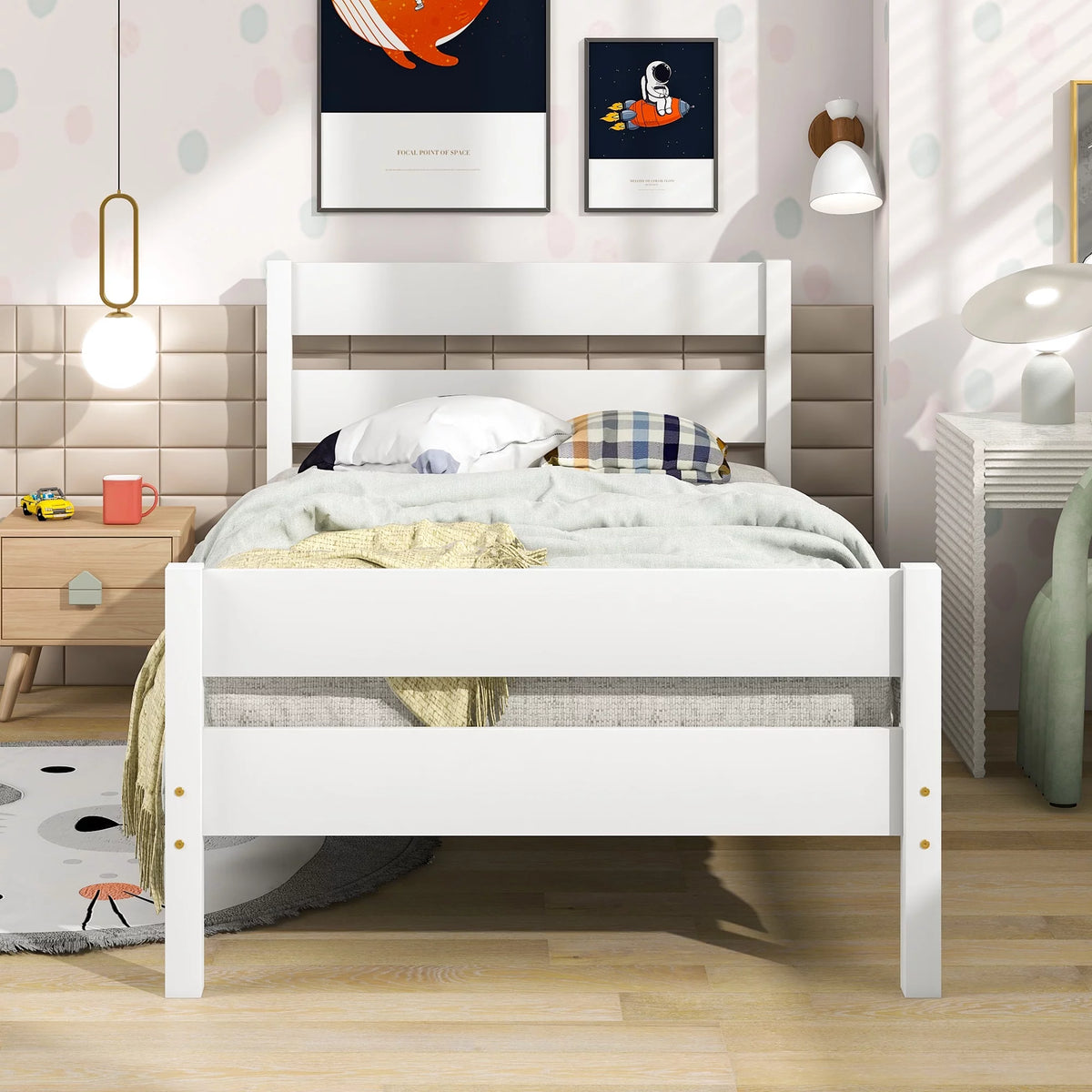 White Twin Bed with Headboard and Footboard W43874