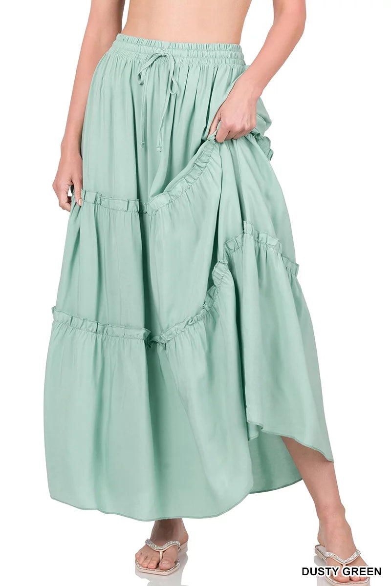 Boho Elastic Drawstring Waist Tiered Ruffle A-Line Woven Maxi Skirt Q514140