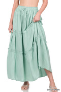 Boho Elastic Drawstring Waist Tiered Ruffle A-Line Woven Maxi Skirt Q514140