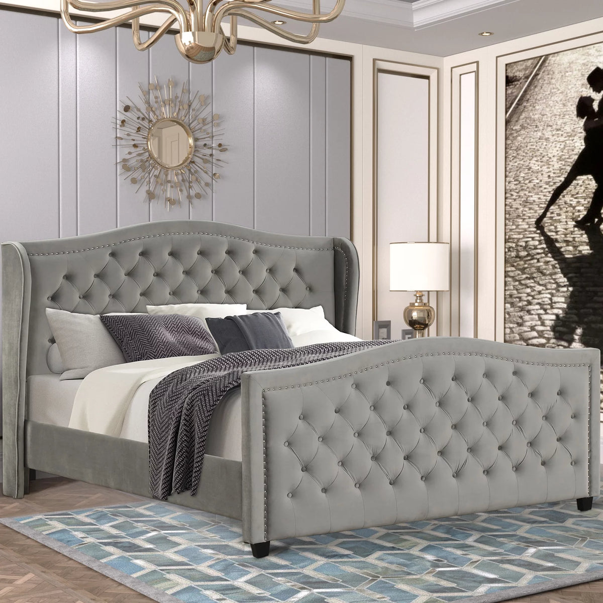 Gray Velvet Upholstered Queen Platform Bed J26098