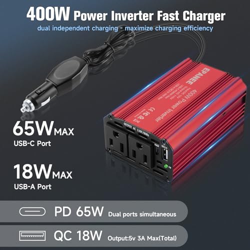 400W Power Inverter 12V DC to 110V AC with PD 65W USB-C & QC 18W Port P713