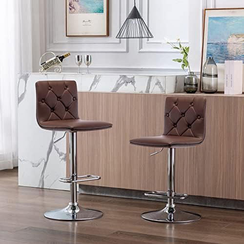Tufted Adjustable PU Leather Swivel Barstools Set of 2 (Brown) L38924