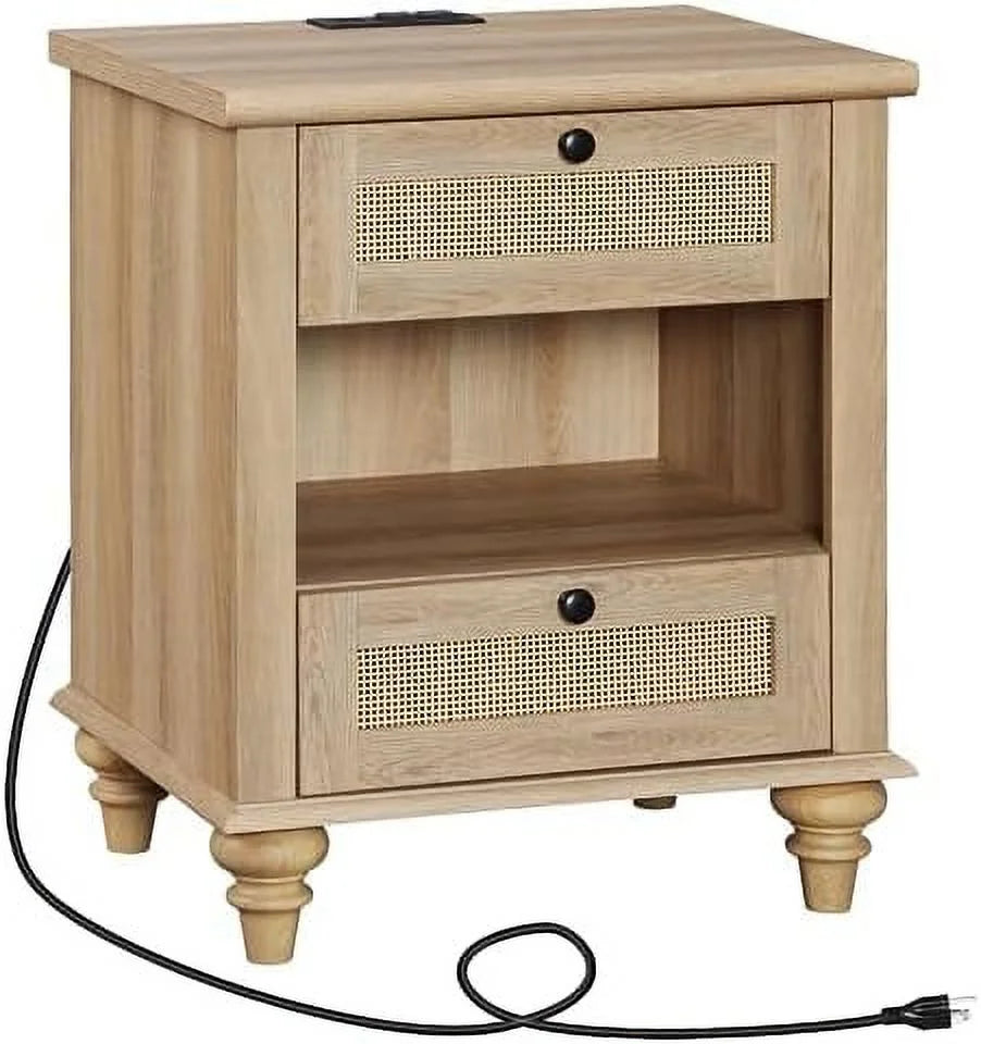 Natural Wood Rattan Nightstand with 2 Drawers E595