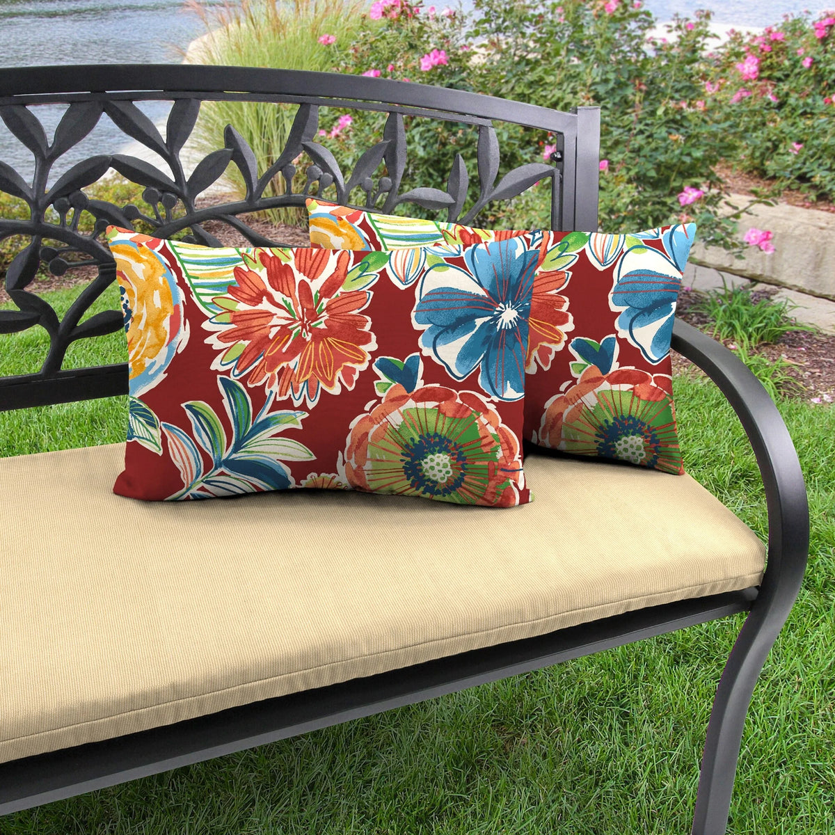 Red Floral Outdoor Lumbar Throw Pillow Set of 2 P539027