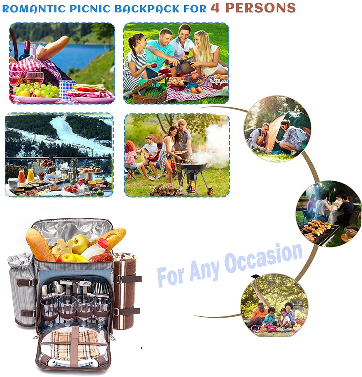 Picnic Backpack Set for 4 Person with Cooler Compartment, Fleece Blanket, Plates and Cutlery Set（Grey） M4892