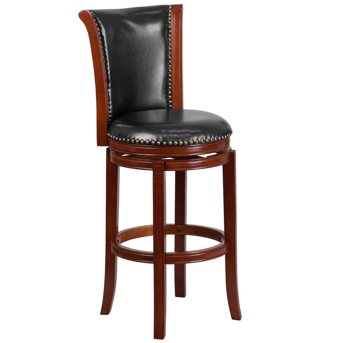 30" Dark Chestnut Wooden Bar Stool with Black Faux Leather Swivel Seat P9972