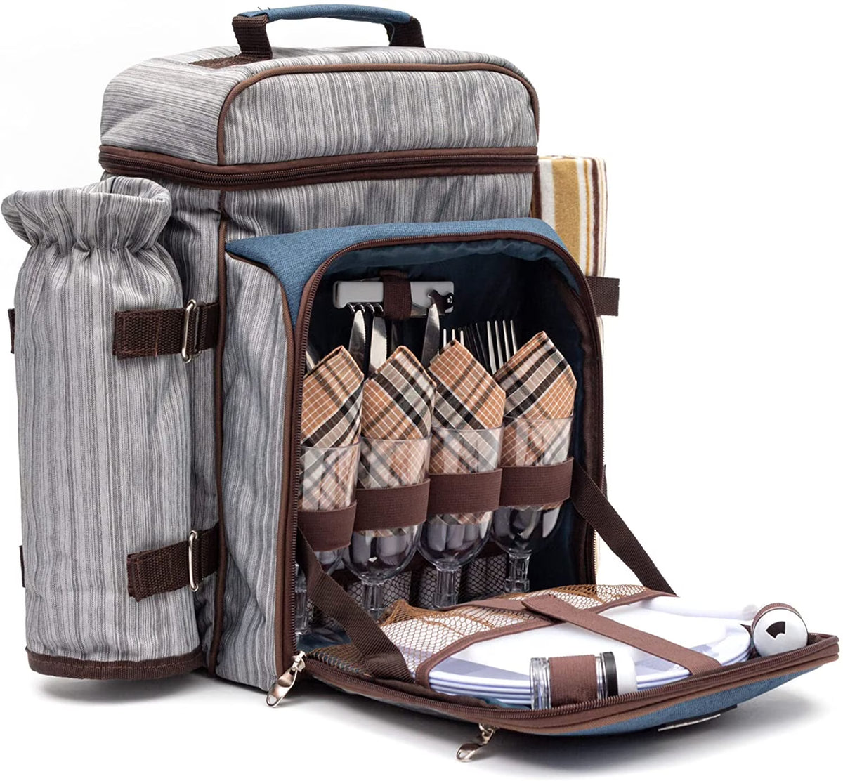 Picnic Backpack Set for 4 Person with Cooler Compartment, Fleece Blanket, Plates and Cutlery Set（Grey） M4892