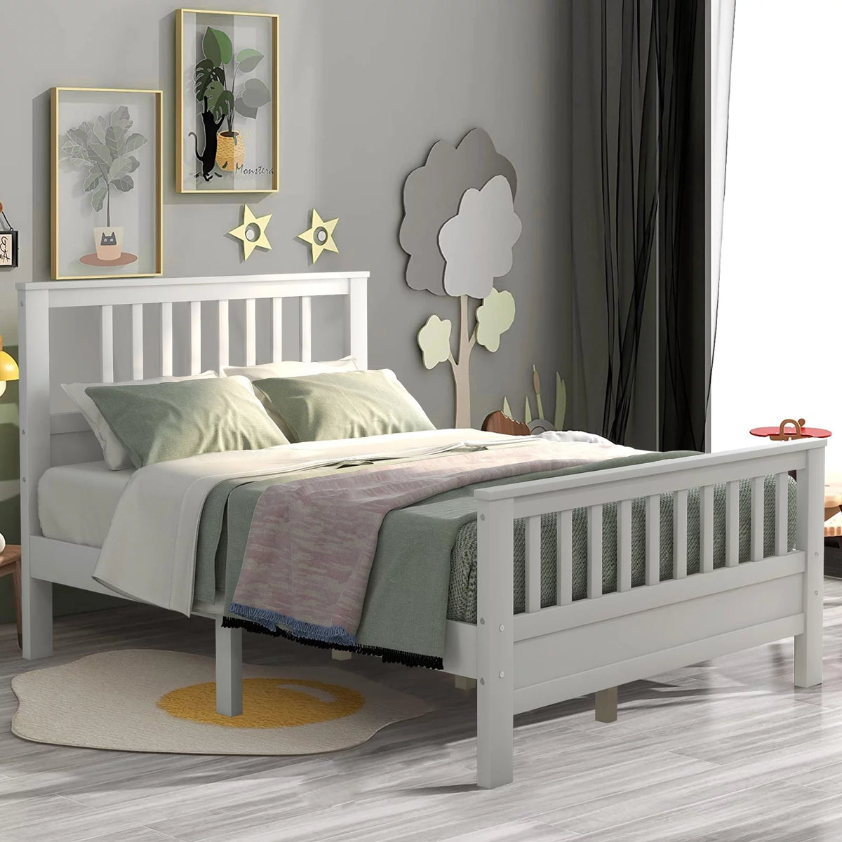 White Platform Bed Frame with Headboard and Footboard T353