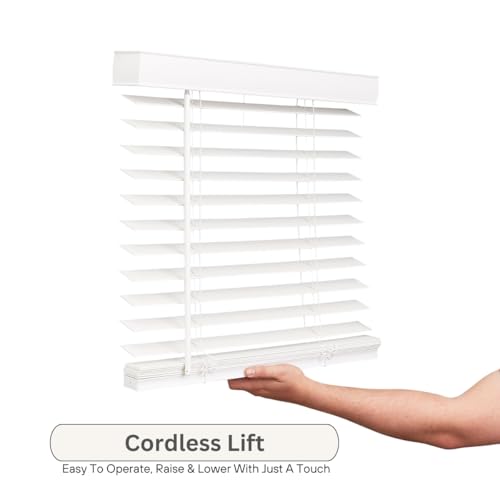 Cordless Faux Wood Blinds, 70" Wide x 72" Long, Snow White, 2 Inch Horizontal Blinds N500362