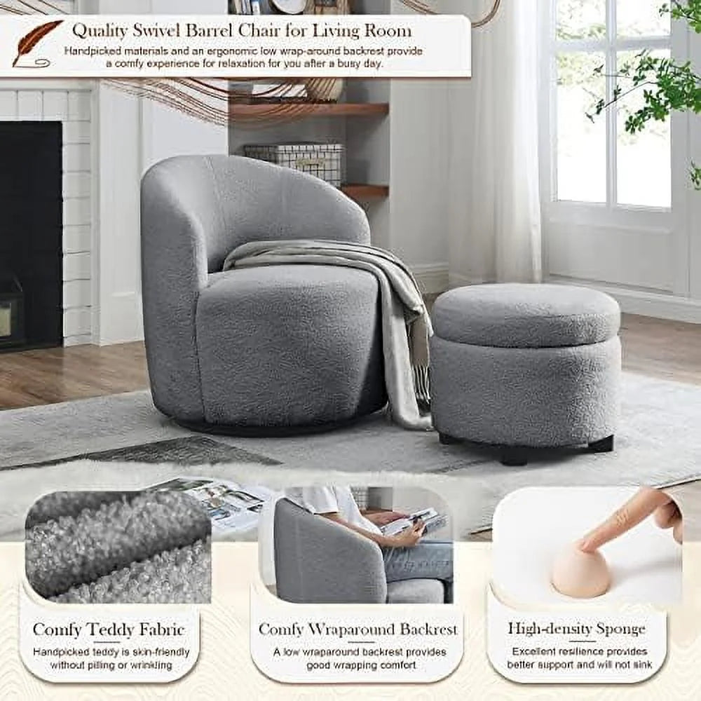 Swivel Barrel Chair with Ottoman Boucle Accent Chair Q1816