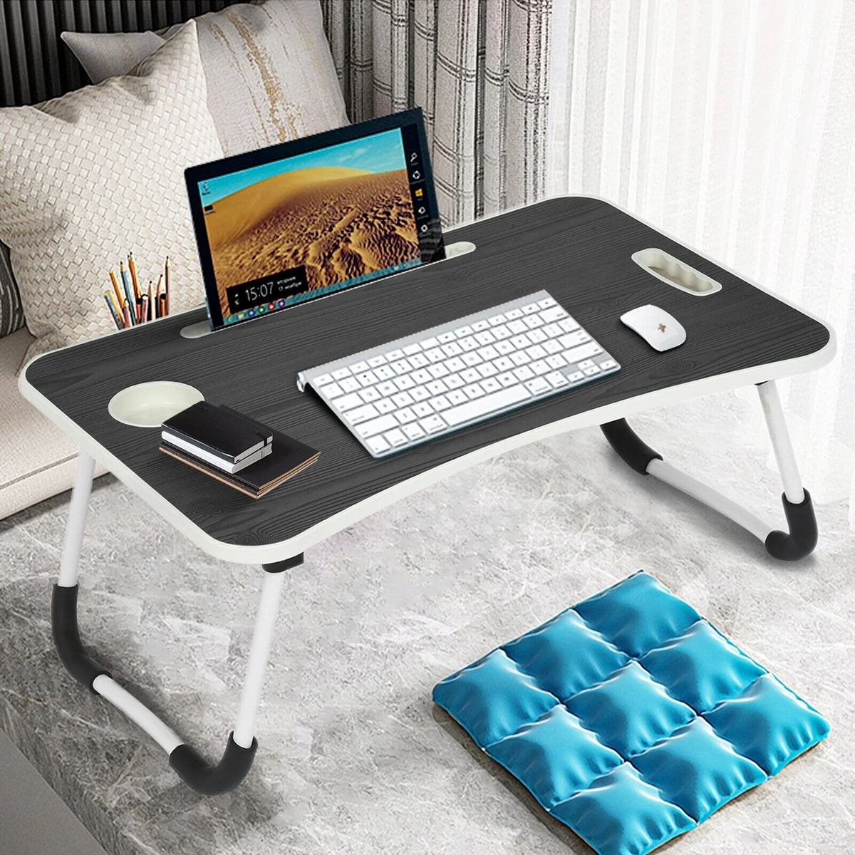 Black Portable Wood Folding Lap Desk with Cup Holder N6568