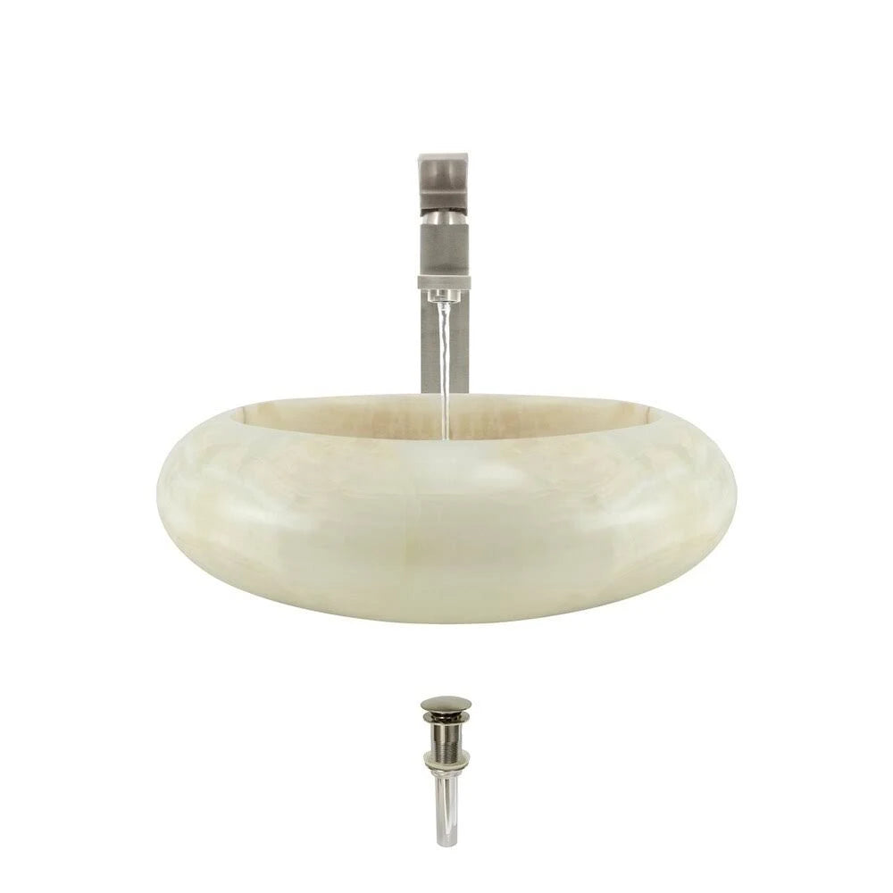 White Onyx Vessel Sink with Faucet and Pop-Up Drain in Brushed Nickel I9115
