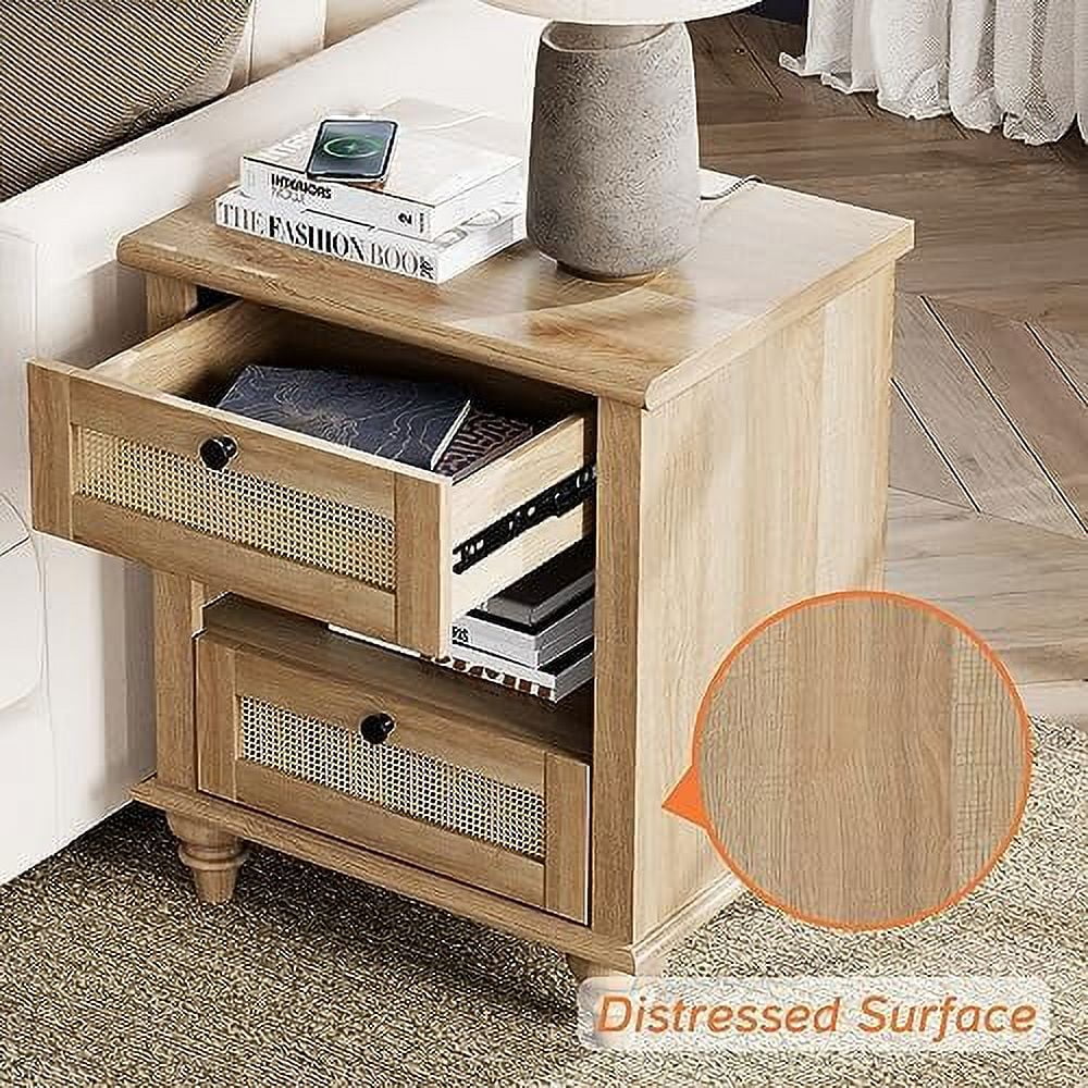 Natural Wood Rattan Nightstand with 2 Drawers E595