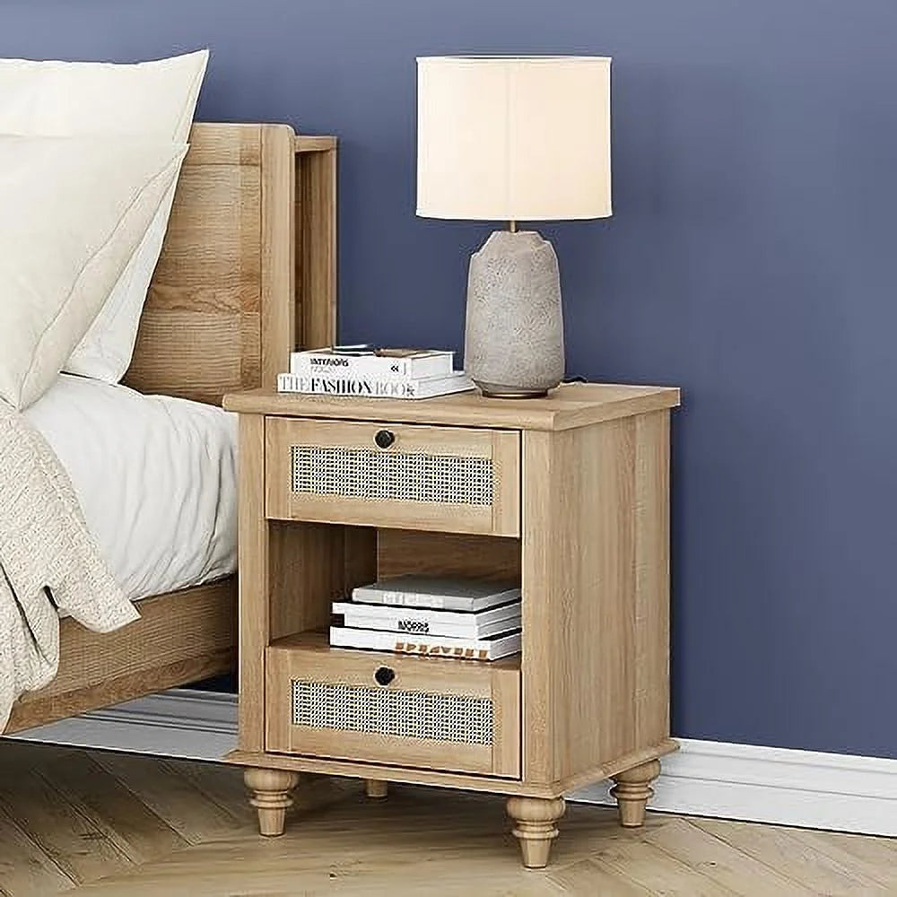Natural Wood Rattan Nightstand with 2 Drawers E595