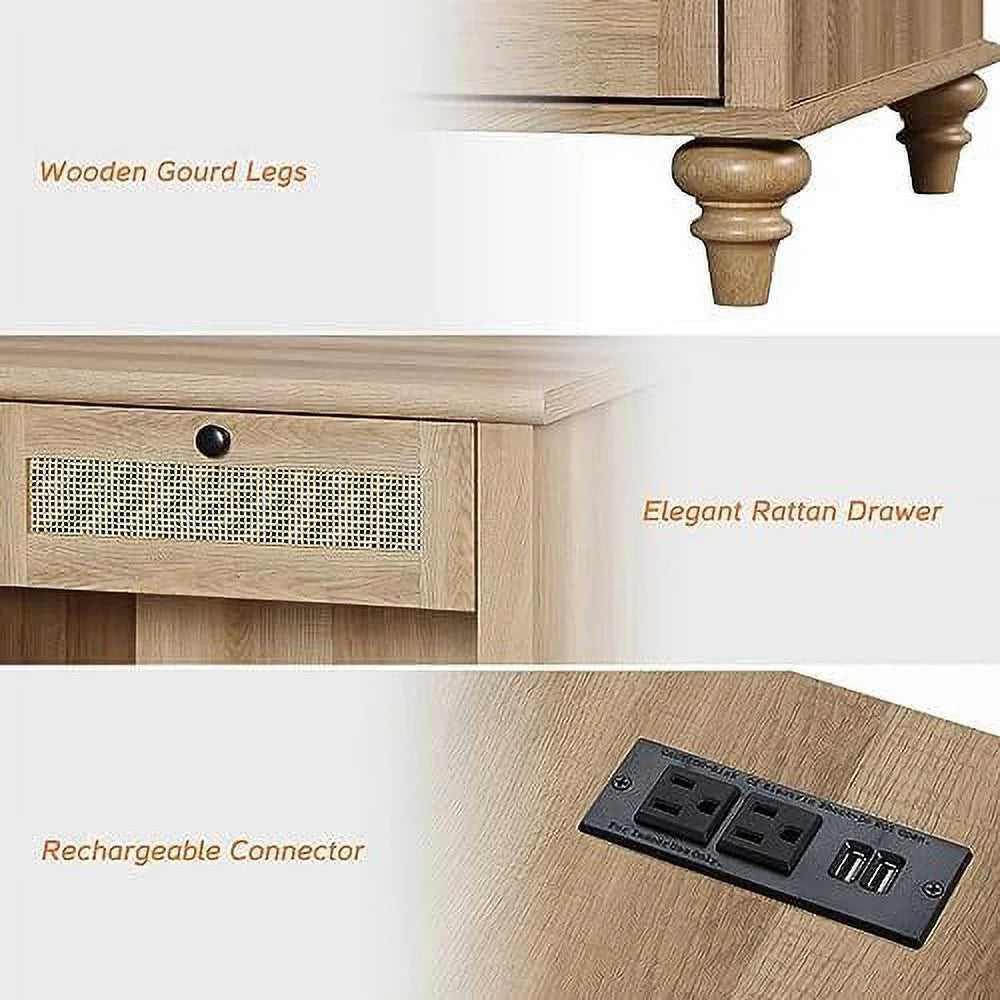 Natural Wood Rattan Nightstand with 2 Drawers E595