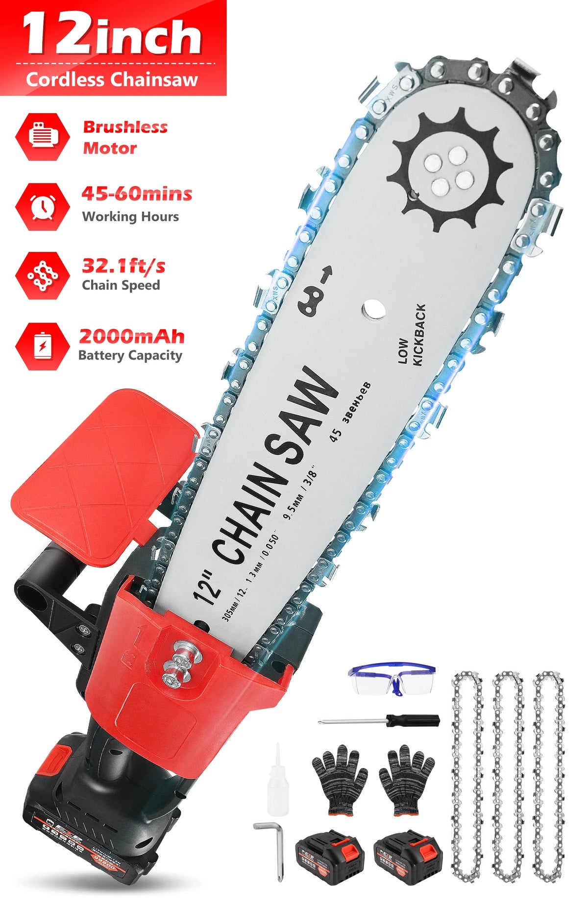 12 Cordless Electric Chainsaw with 2pcs 2000Ah Battery X309