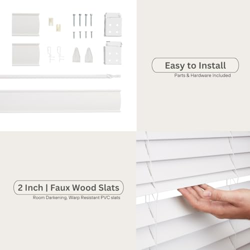 Cordless Faux Wood Blinds, 70" Wide x 72" Long, Snow White, 2 Inch Horizontal Blinds N500362