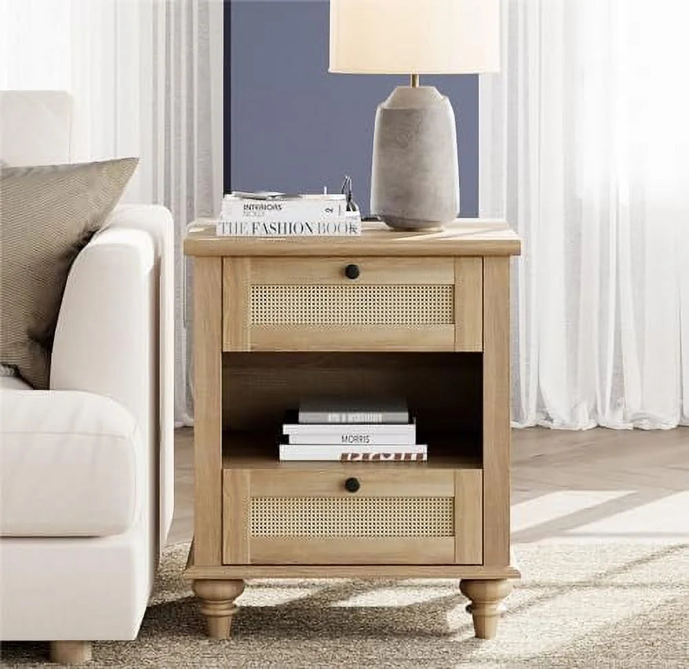 Natural Wood Rattan Nightstand with 2 Drawers E595