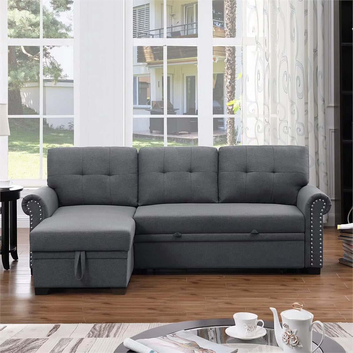 Dark Gray Fabric Sleeper Sofa with Storage Chaise O281