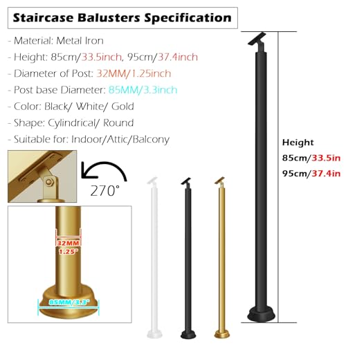 Round Spindles for Staircase, 2 4 6 Pieces Iron Stairs Balusters with Slant 270° Swivel Top Bracket & Screws W4534
