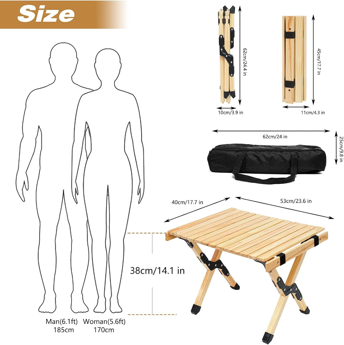 2ft Low Height Portable Folding Wooden Camping Table with Carry Bag P9544