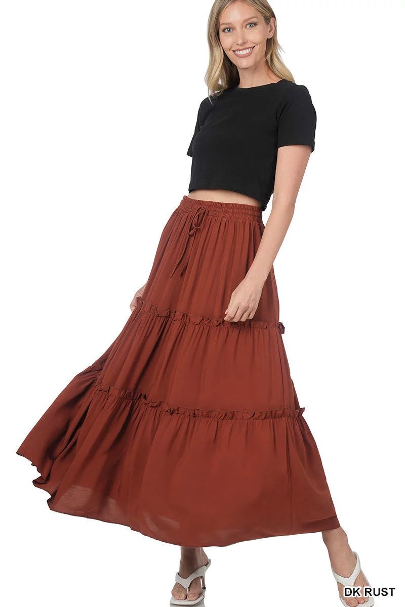 Boho Elastic Drawstring Waist Tiered Ruffle A-Line Woven Maxi Skirt Q514140