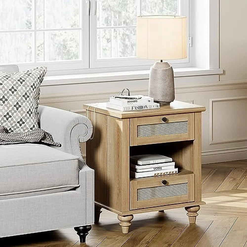 Natural Wood Rattan Nightstand with 2 Drawers E595