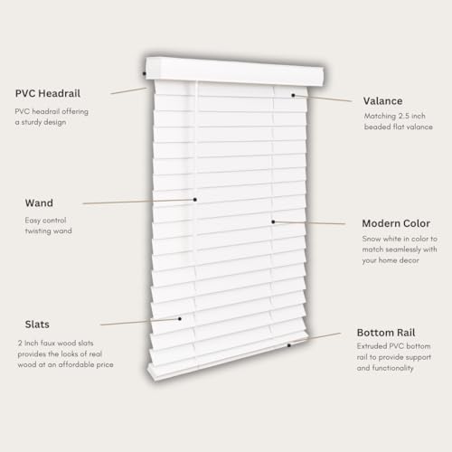 Cordless Faux Wood Blinds, 70" Wide x 72" Long, Snow White, 2 Inch Horizontal Blinds N500362