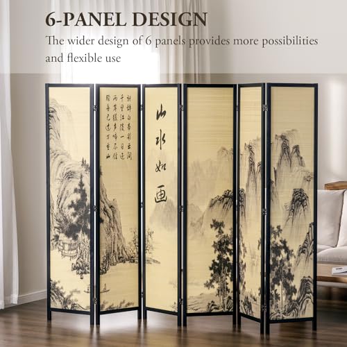 4-Panel Folding Bamboo Room Divider with Beige Wood Frame J9157