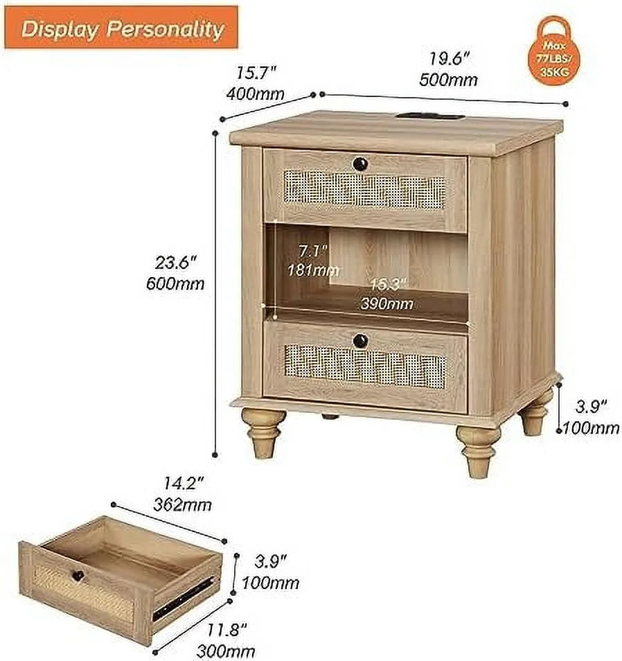 Natural Wood Rattan Nightstand with 2 Drawers E595