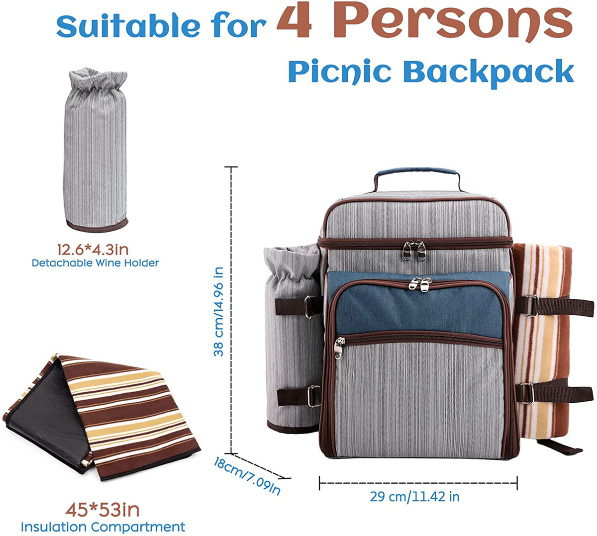 Picnic Backpack Set for 4 Person with Cooler Compartment, Fleece Blanket, Plates and Cutlery Set（Grey） M4892