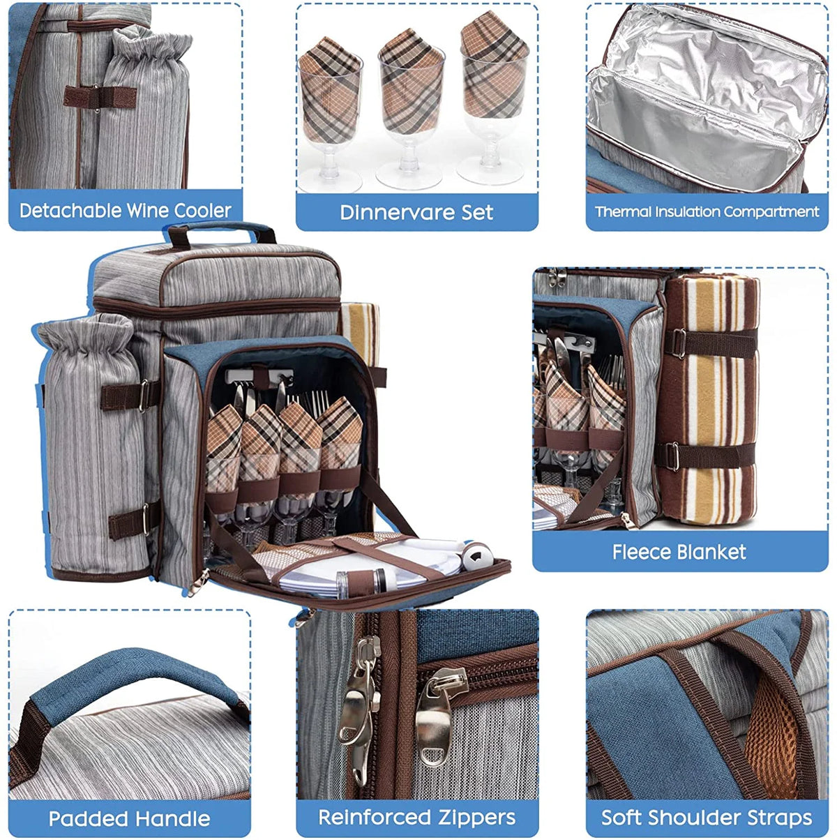 Picnic Backpack Set for 4 Person with Cooler Compartment, Fleece Blanket, Plates and Cutlery Set（Grey） M4892