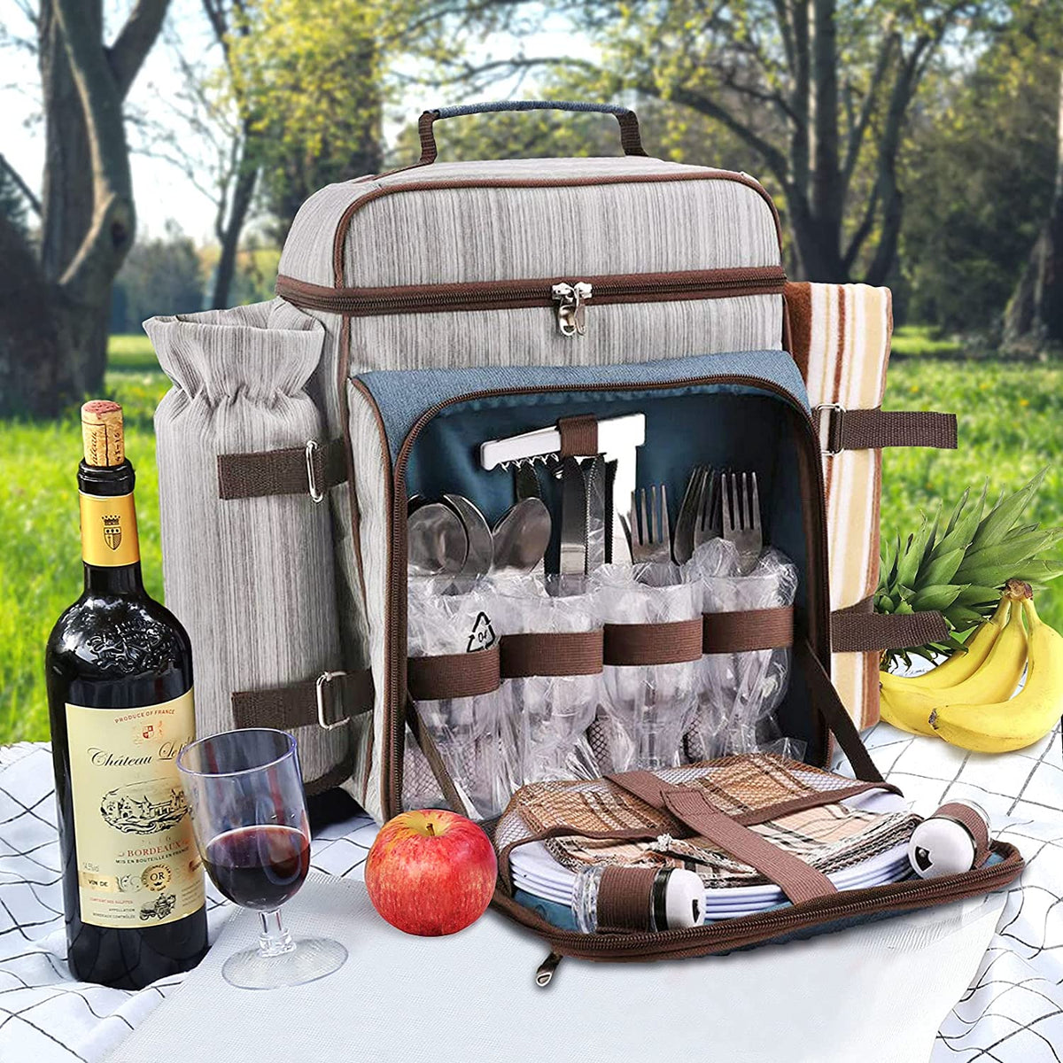 Picnic Backpack Set for 4 Person with Cooler Compartment, Fleece Blanket, Plates and Cutlery Set（Grey） M4892