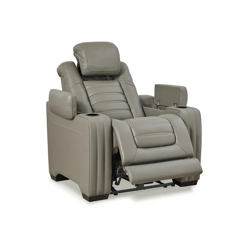 Light Gray Leather Power Recliner with Headrest E5828