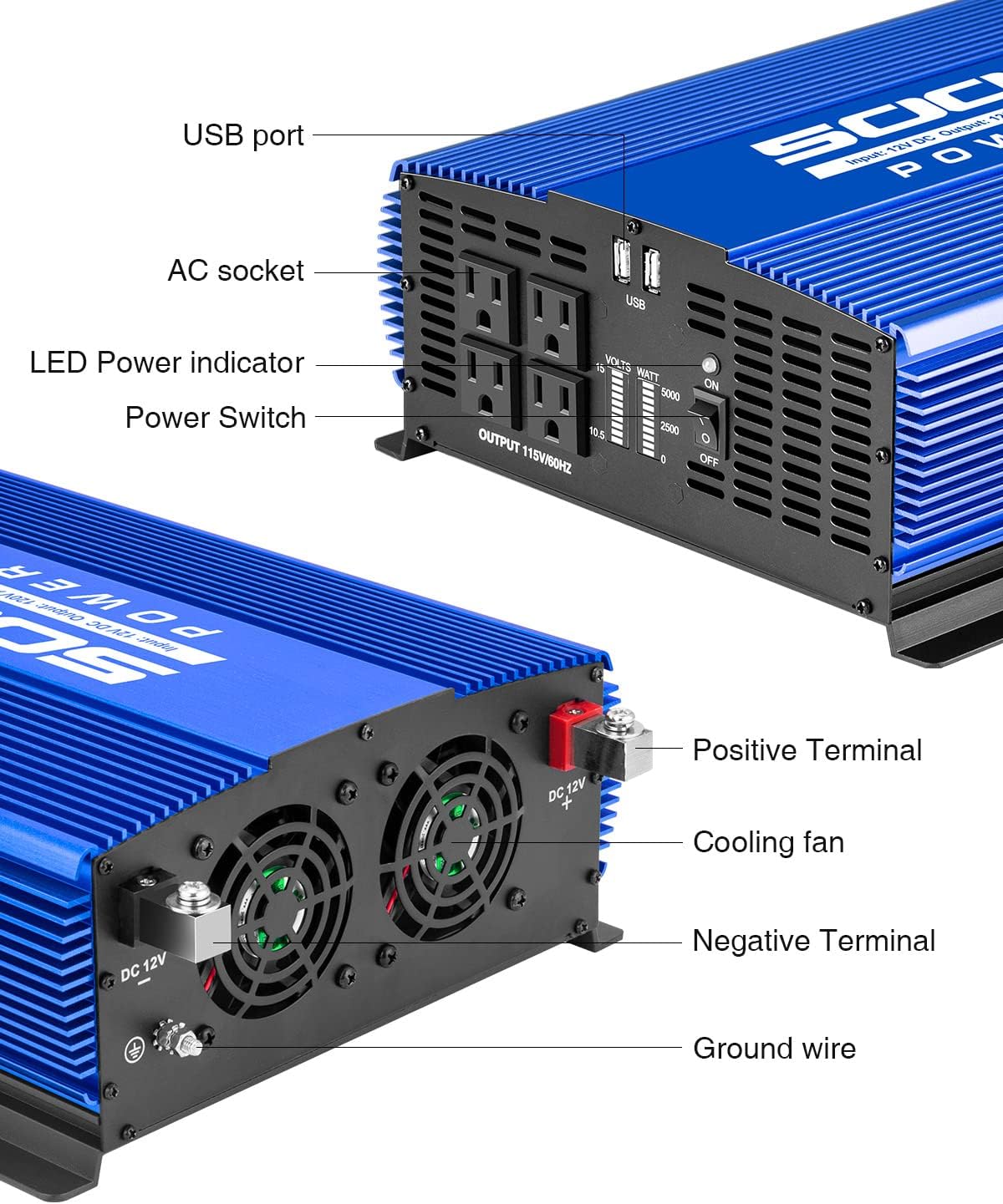 5000W Power Inverter 12V to 110V Car Inverter 4AC Outlets 2USB Ports G6382