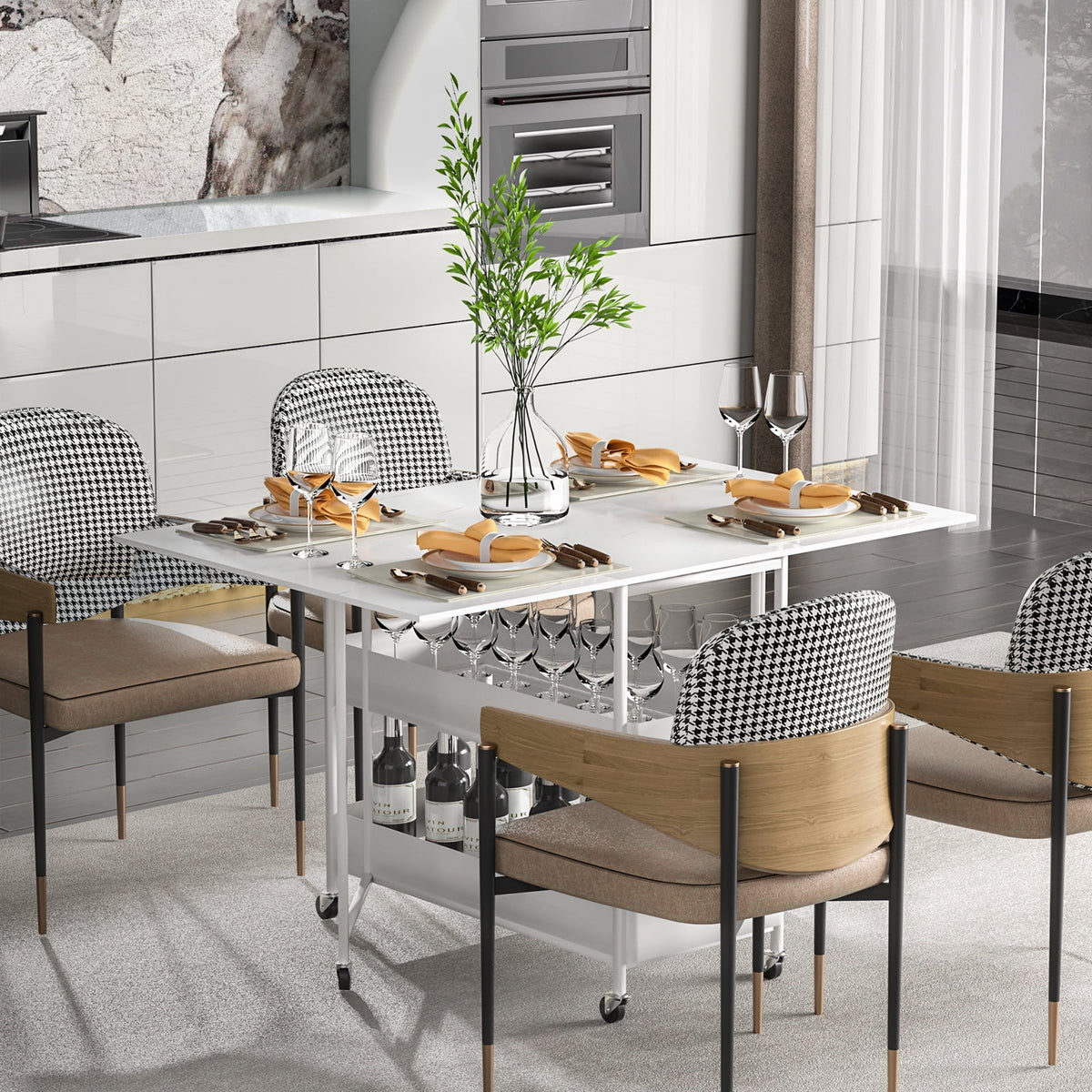 Folding Extendable Dining Table with 7 Wheels White Z789