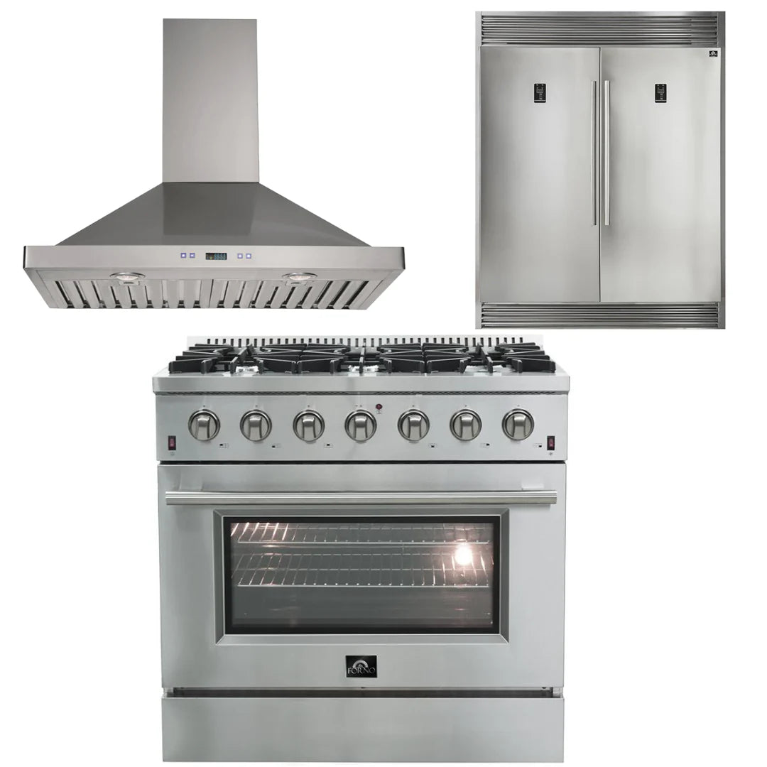 36 Inch Gas Range, Wall Mount Range Hood, 60 Inch Refrigerator I84382