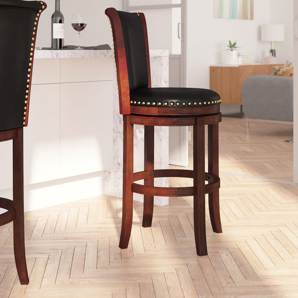 30" Dark Chestnut Wooden Bar Stool with Black Faux Leather Swivel Seat P9972