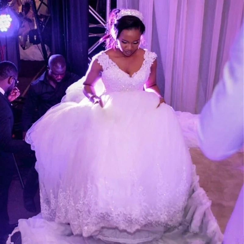 White Ball Gown Long Wedding Dress Short Sleeves Princess Tulle Elegant Evening Party Dress Plus Size Q923835