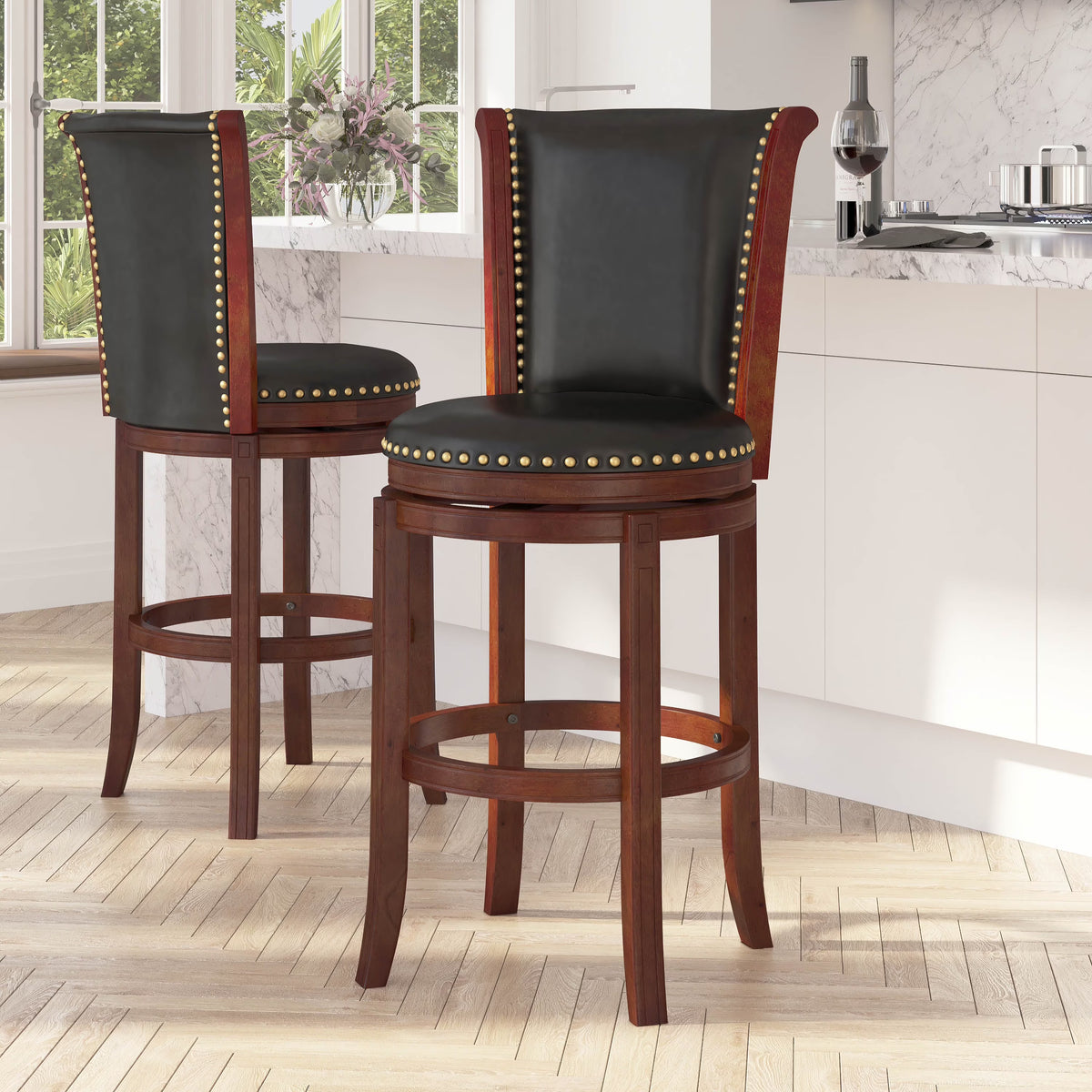 30" Dark Chestnut Wooden Bar Stool with Black Faux Leather Swivel Seat P9972