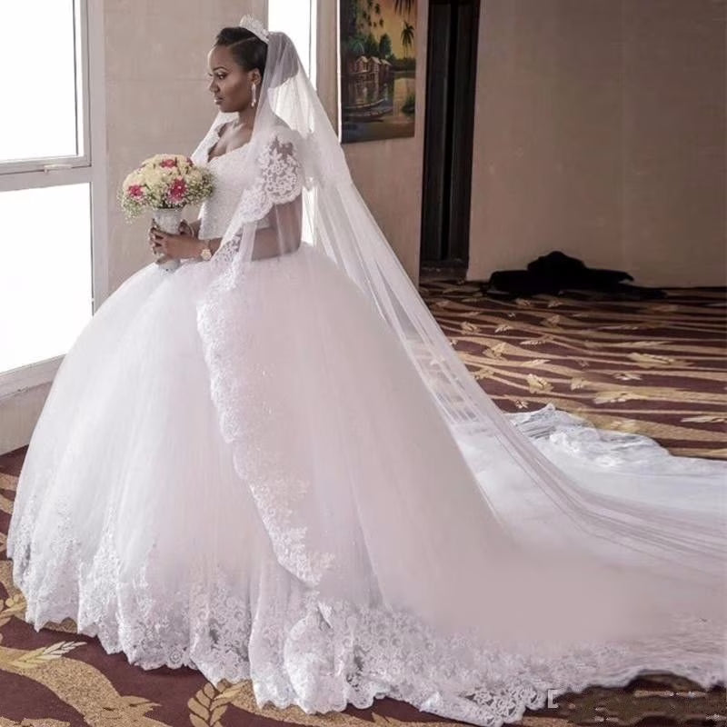 White Ball Gown Long Wedding Dress Short Sleeves Princess Tulle Elegant Evening Party Dress Plus Size Q923835