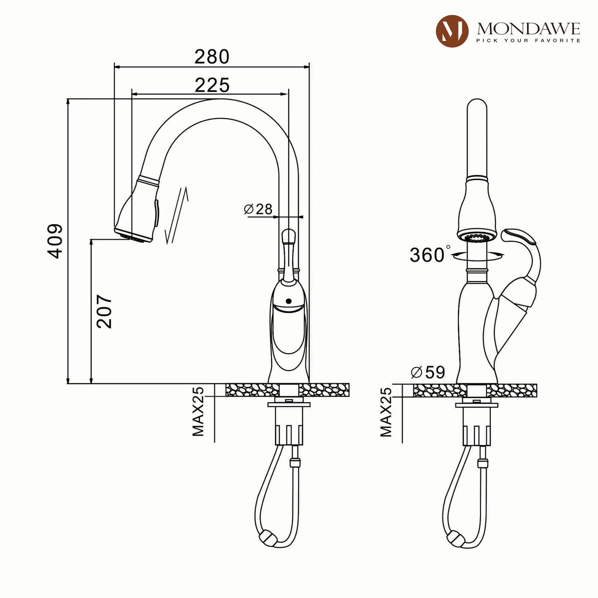 Single Handle Brushed Nickel Pull Down Kitchen Faucet T542