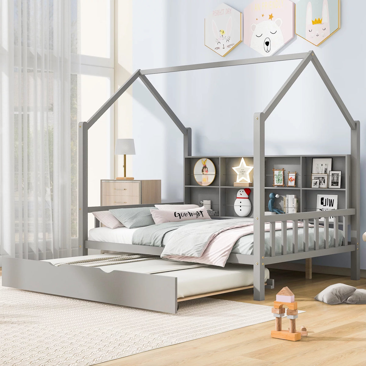 Wooden Full Size House Bed with Trundle and Shelf Q231627