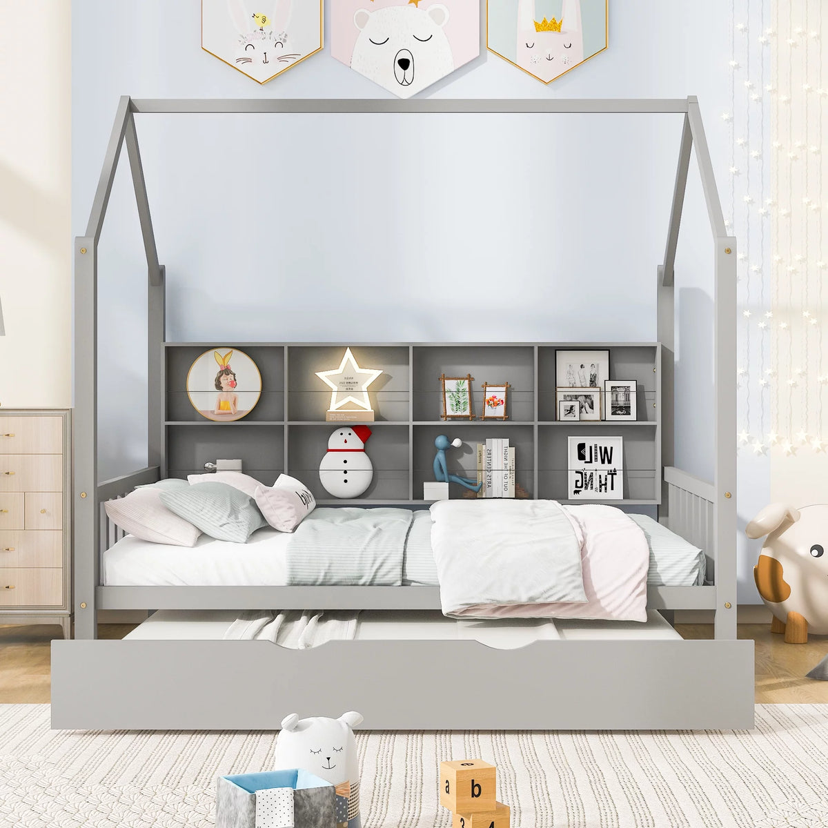 Wooden Full Size House Bed with Trundle and Shelf Q231627
