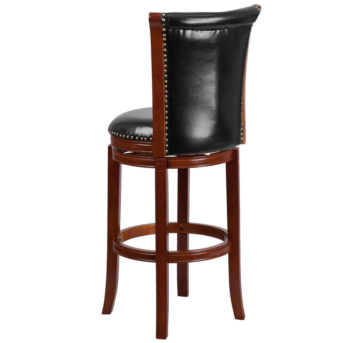 30" Dark Chestnut Wooden Bar Stool with Black Faux Leather Swivel Seat P9972